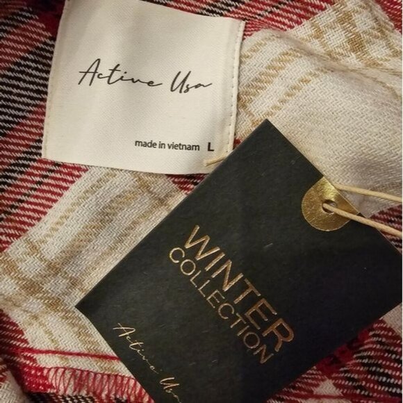Active USA Wool Blend Shacket Tartan Plaid Flannel Red Ivory Multicolor Jacket L - Picture 8 of 13